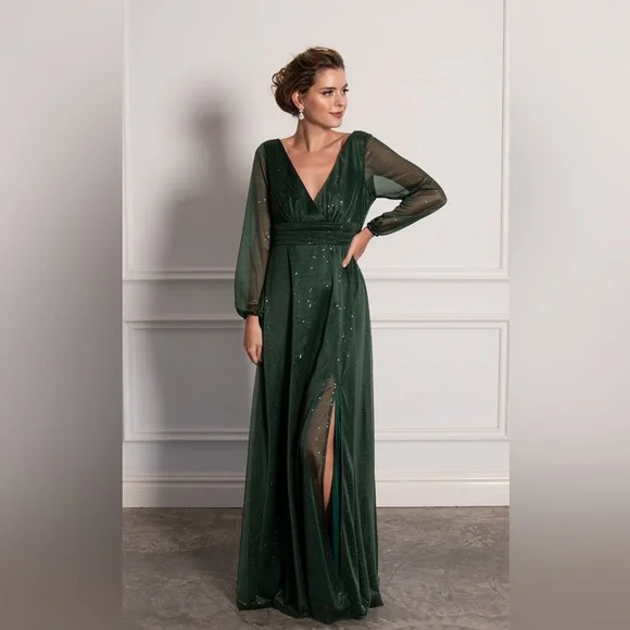 Long Sleeve Sparkly Split Formal Dress - Picture 1 of 3